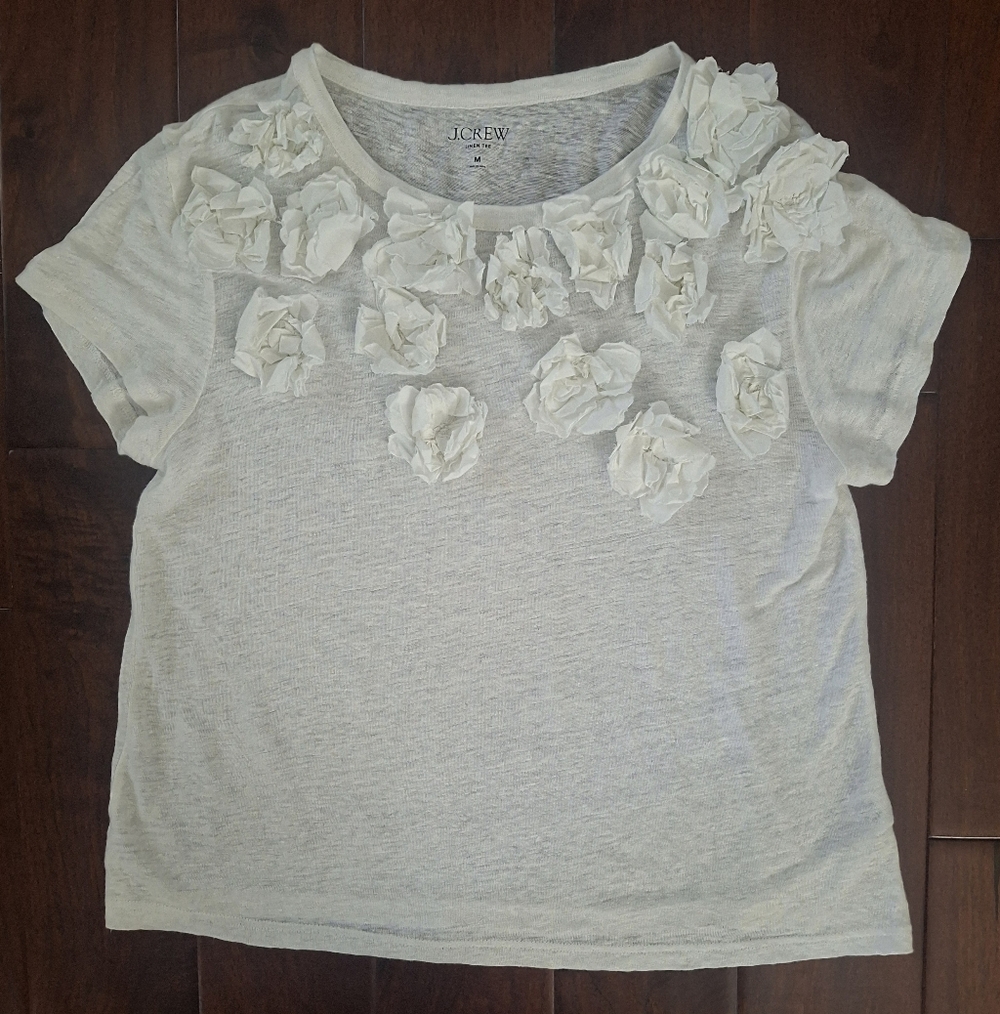 J CREW White Linen Tee with Floral  Appliqués  - Size M